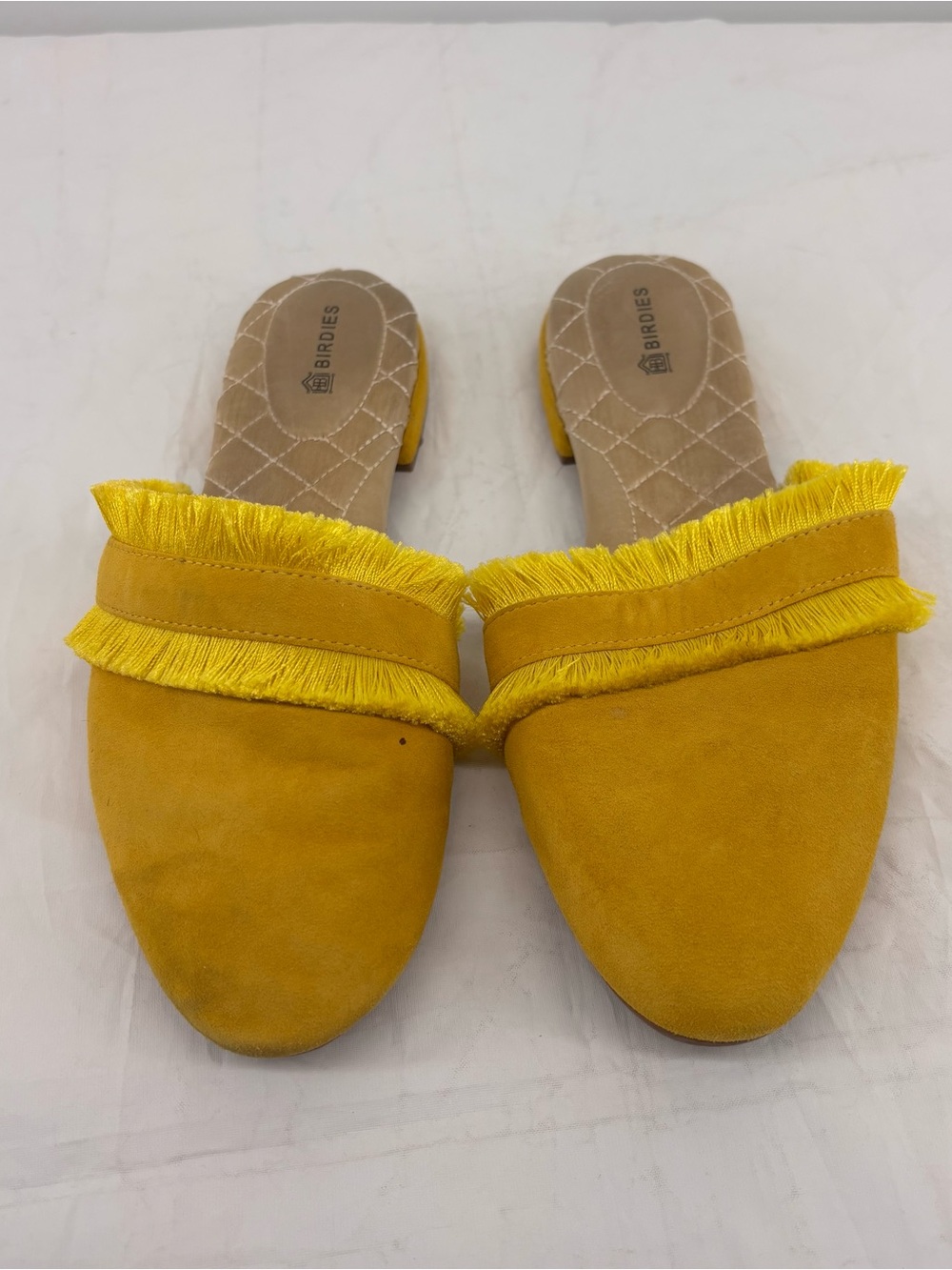 Birdies Mustard Yellow Fringe Suede Slide Mules